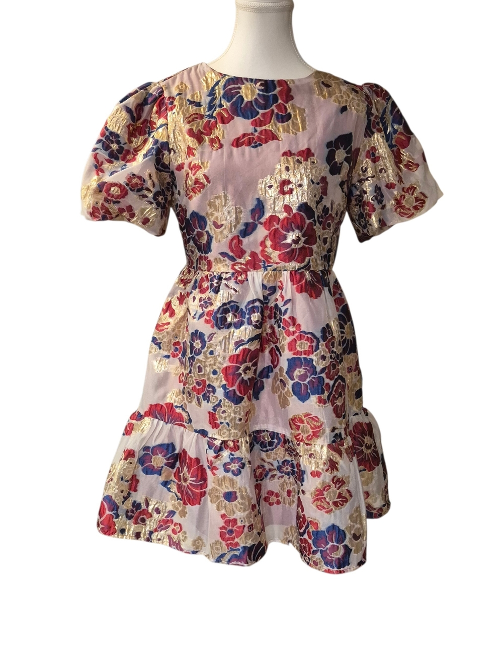 TCEC Pink Floral Brocade Mini Dress with Red, Blue & Gold Accents